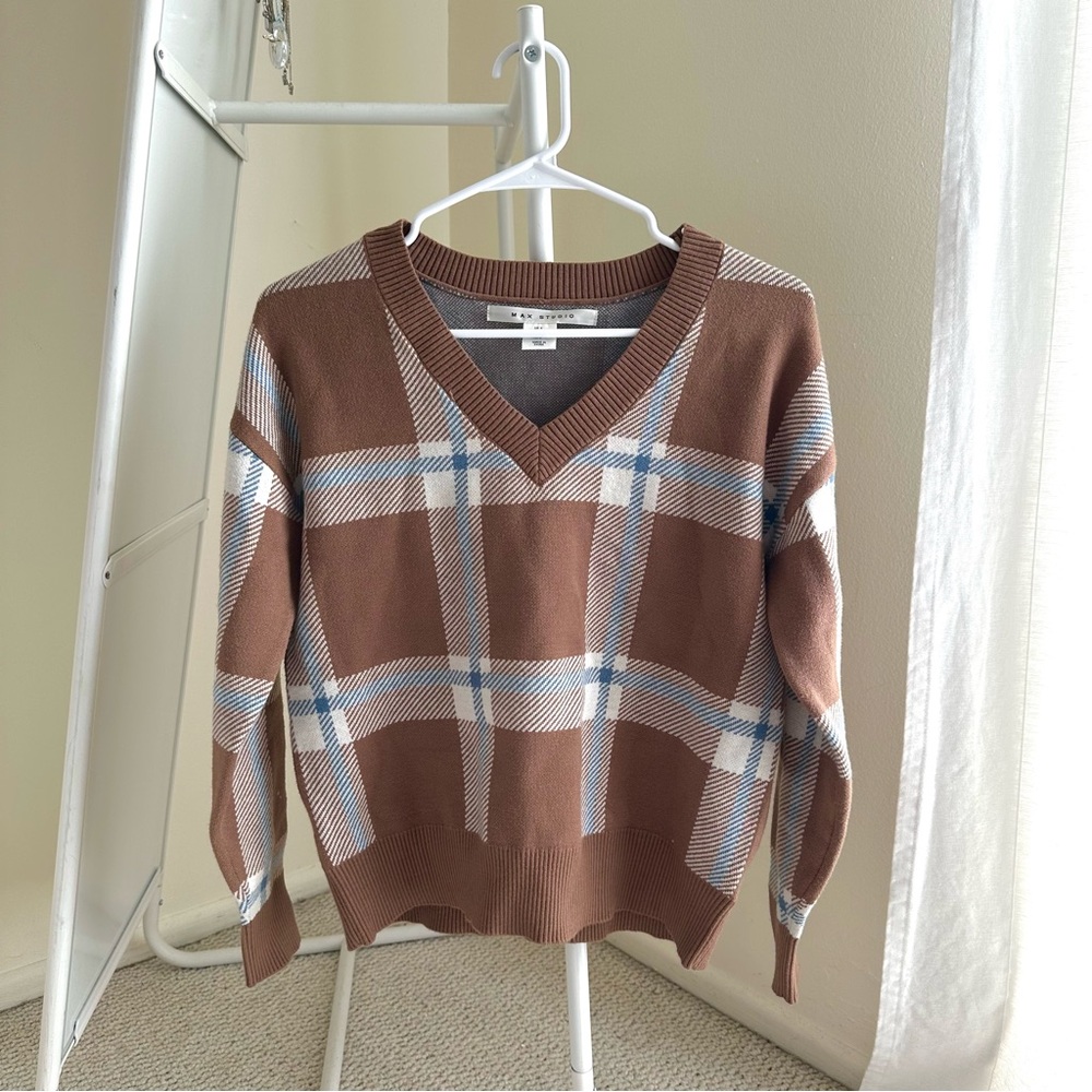 brown and blue plaid v-neck sweater